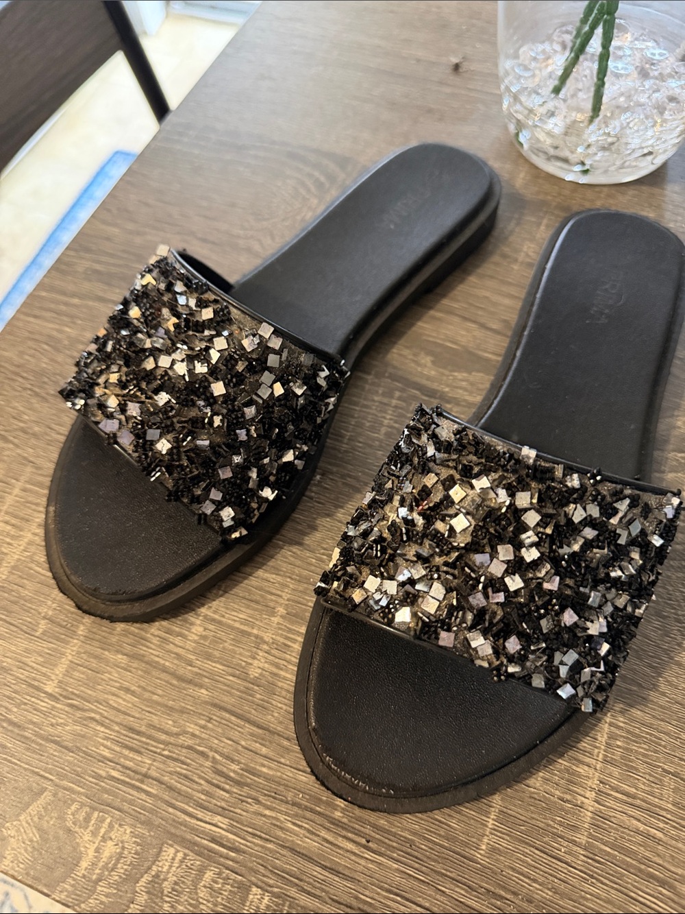 Embellished Black Slide Sandals with Sparkle Strap